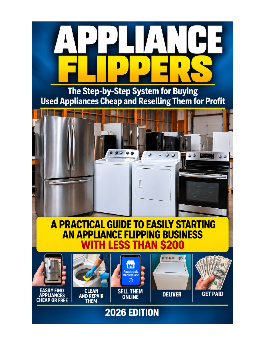 Appliance Flippers 2026 edition manual cover, showing washers, dryers and other used appliances
